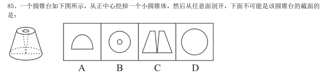 （2020年安徽省考·第85题）一个圆锥台如下图所示，从正中心挖掉一个小圆锥体，