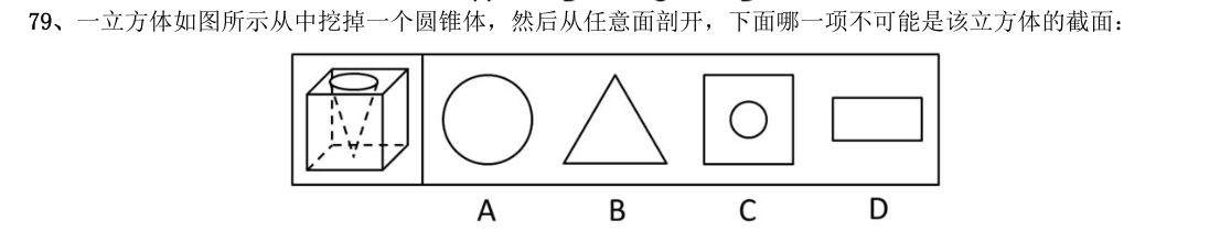 (2013年国考·第79题)一立方体如图所示从中挖掉一个圆锥体,然后从任意面剖开