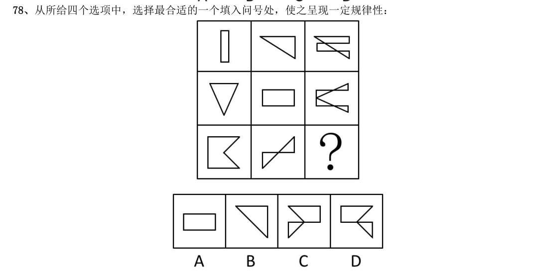 （2015年国考·第78题）从所给四个选项中，选择最合适的一个填入问号处，使之呈