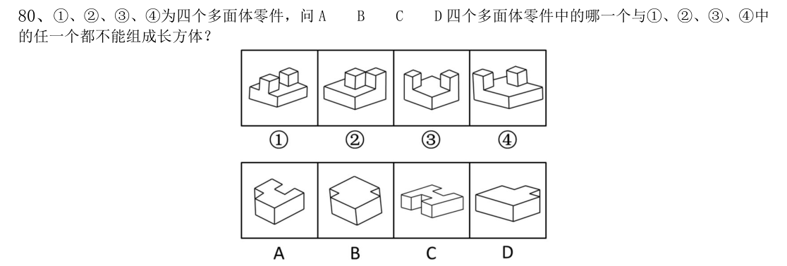 (2016年国考·第80题)①、②、③、④为四个多面体零件,问A(题干与选项见图