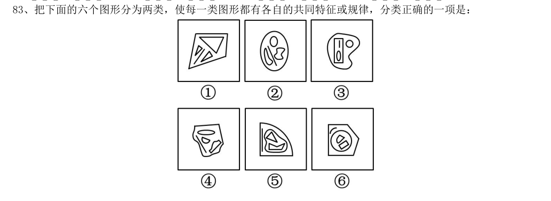(2016年国考·第83题)把下面的六个图形分为两类,使每一类图形都有各自的共同