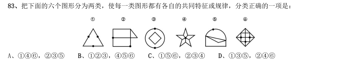 (2017年国考行测真题卷(副省级) 第83题)把下面的六个图形分为两类,使每一