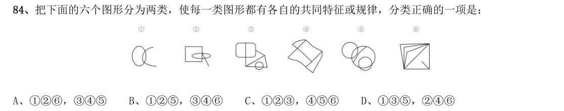 （2018年国考行测真题卷（副省级） 第84题）把下面的六个图形分为两类，使每一