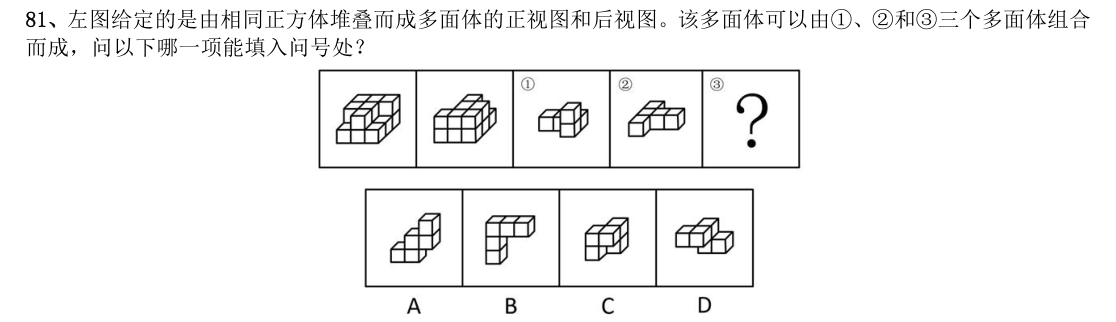 (2020年国考·第81题)左图给定的是由相同正方体堆叠而成多面体的正视图和后视