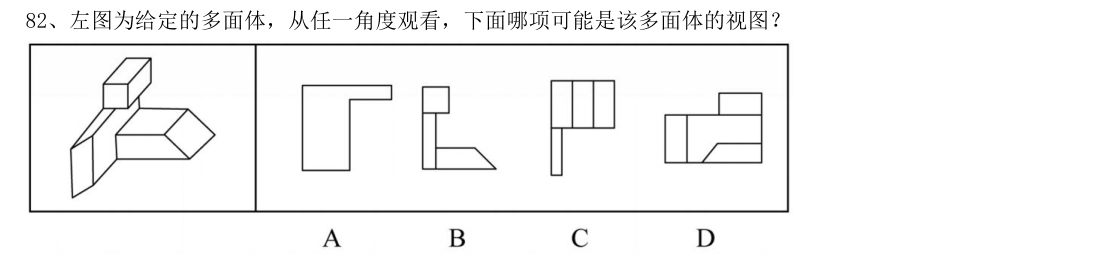 (2021年国考·第82题)左图为给定的多面体,从任一角度观看,下面哪项可能是该