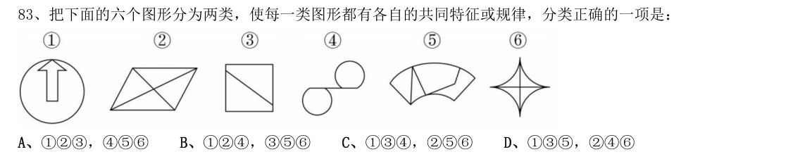 (2021年国考行测真题(副省级) 第83题)把下面的六个图形分为两类,使每一类