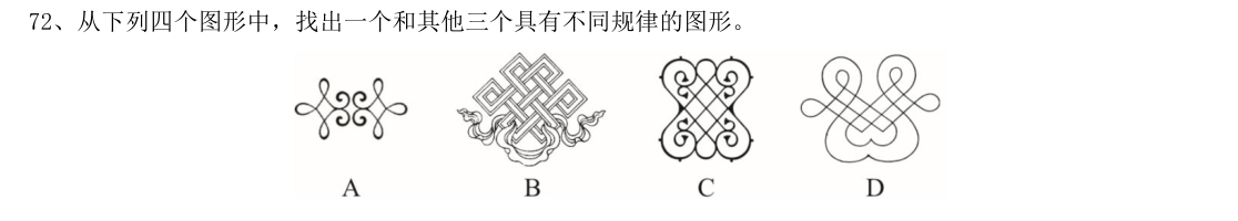（2020年湖南省考·第72题）从下列四个图形中，找出一个和其他三个具有不同规律