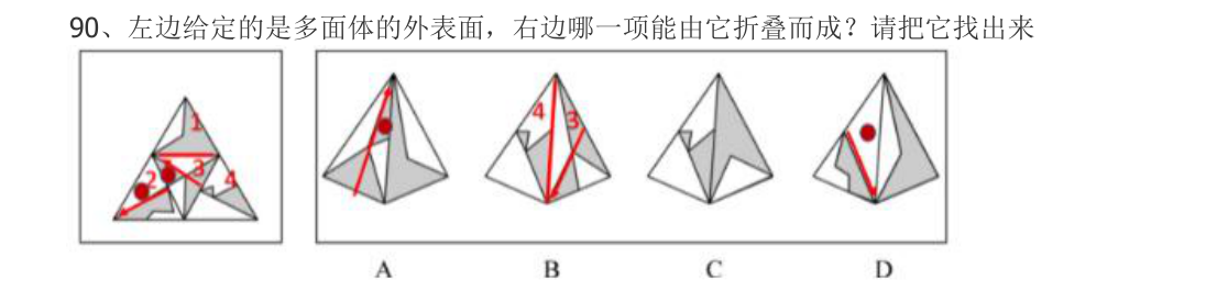 （2022年江苏省考·第90题）左边给定的是多面体的外表面，右边哪一项能由它折叠