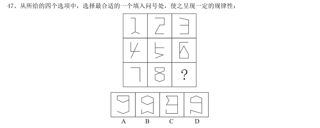 （2020年山东省考·第47题）从所给的四个选项中，选择最合适的一个填入问号处，